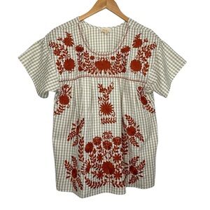 Layerz Clothing Floral Embroidered Gingham Peasant Top Sz Medium Tan Orange